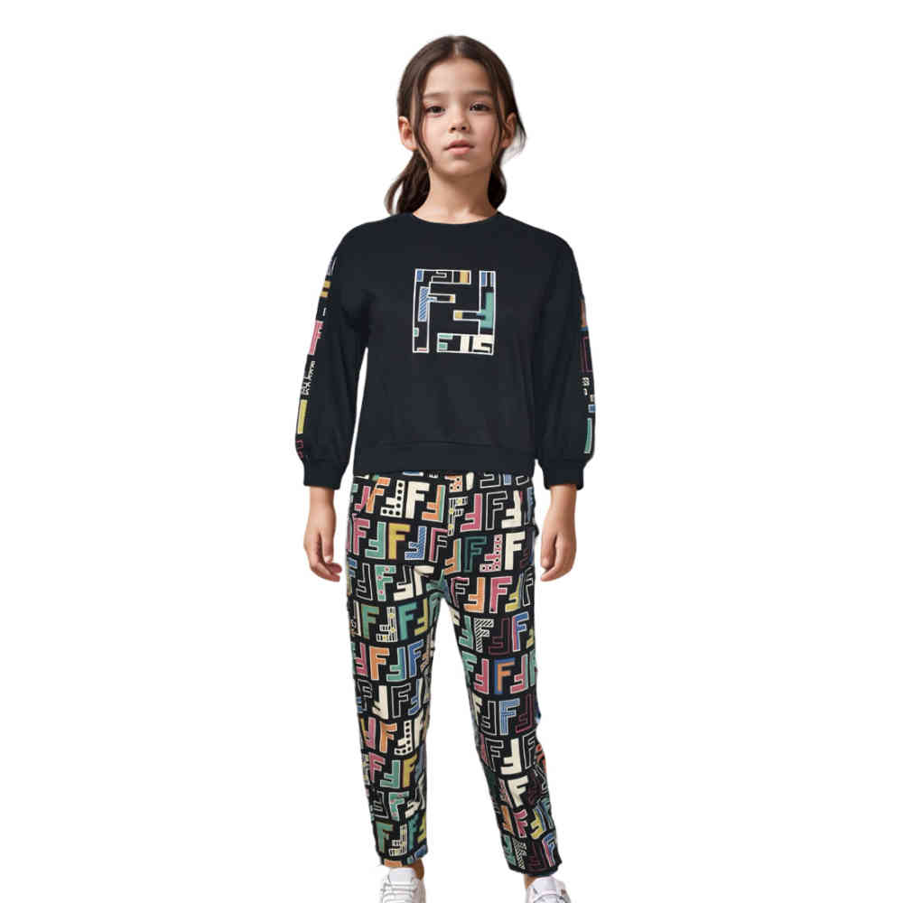Black Fendi Print Brown High-End Quality Kids Co-Ord Set