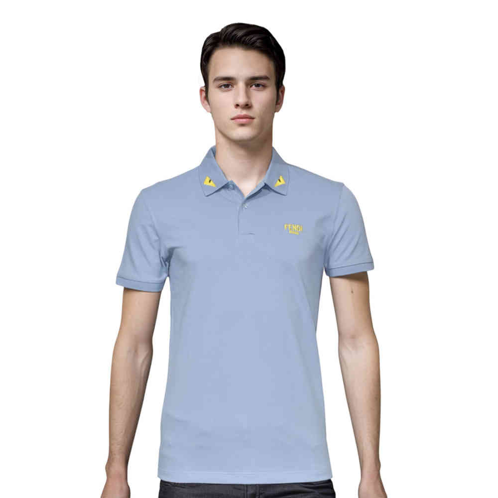 Sky Blue Fendi Roma Embroidered logo Pink Polo T-shirt