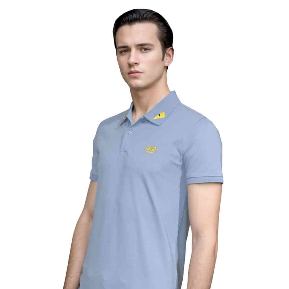 Fendi Roma Embroidered logo Sky Blue Polo T-shirt-2
