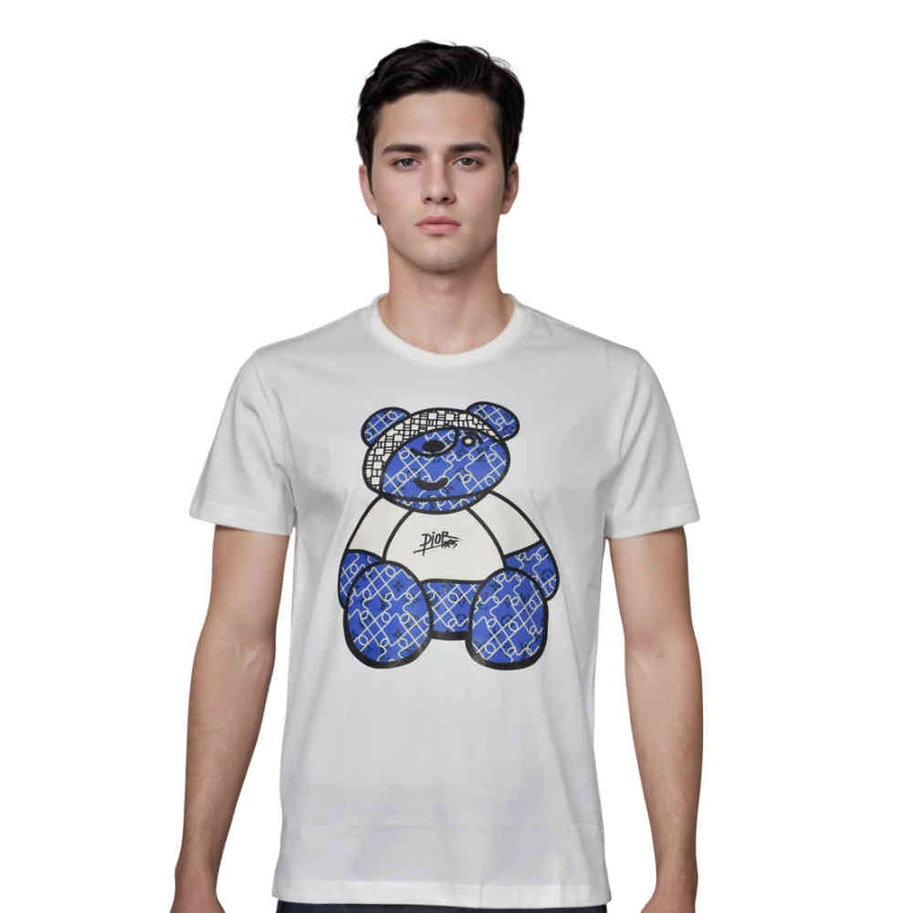 White Dior Teddy Print Black Premium Quality T-shirt