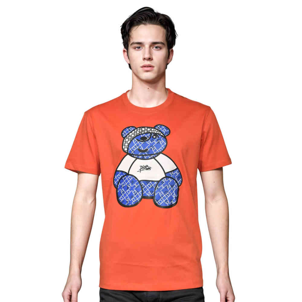 Orange Dior Teddy Print Black Premium Quality T-shirt