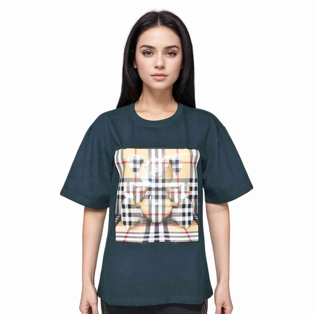 Dark Green Burberry Teddy Print Brown Women Overized T-shirt