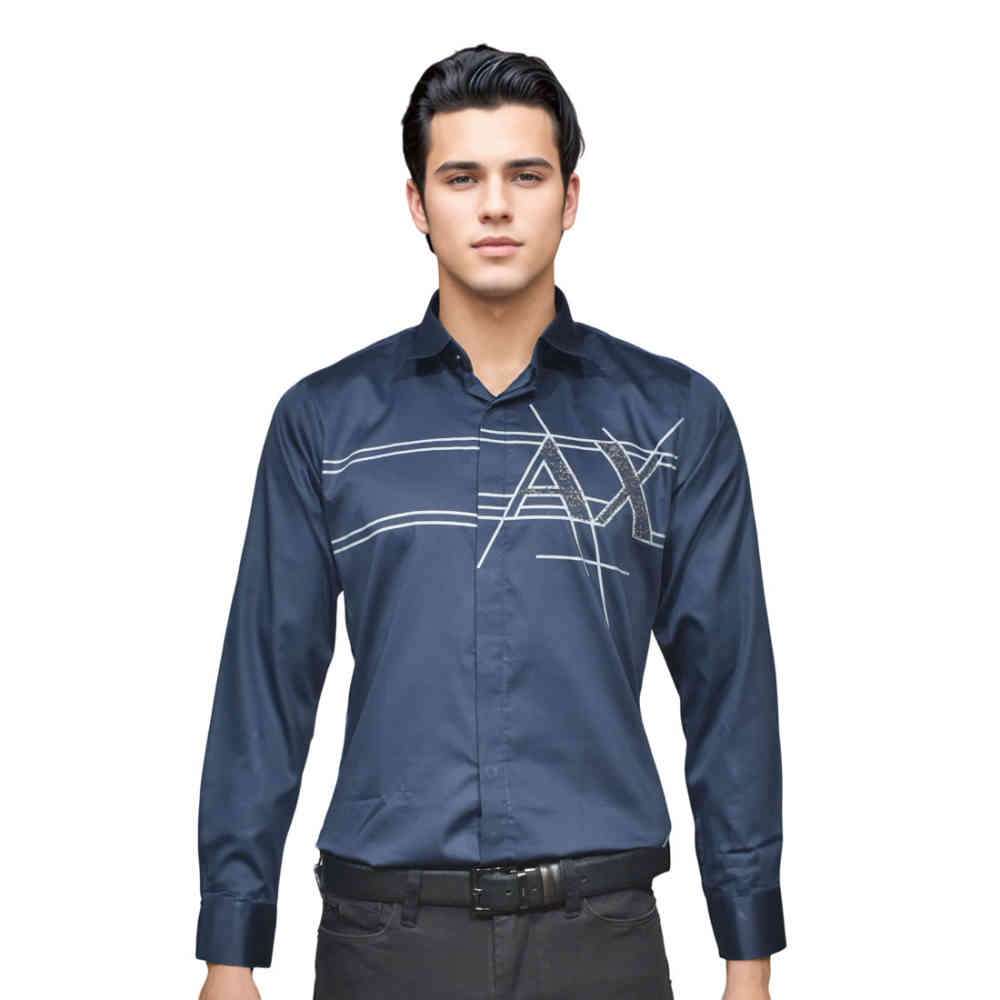 Navy Blue Armani Exchange White Logo Print Regular Fit Premium Shirt