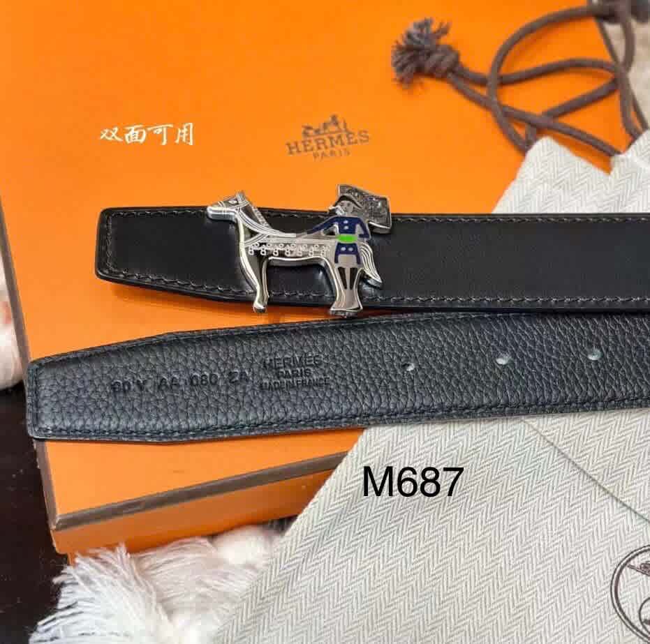 Hermes Black & Silver Premium Quality Leather Belt-thumb-0
