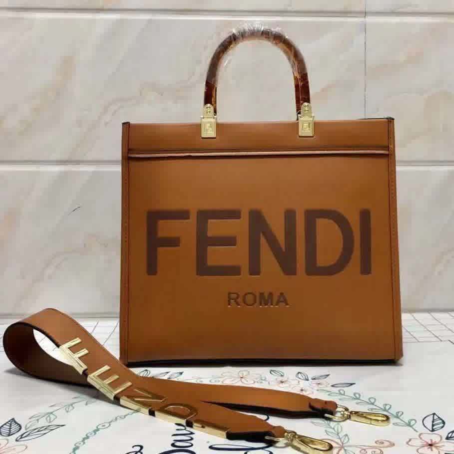 Brown Fendi Sunshine Silver Shopper Tote Bag
