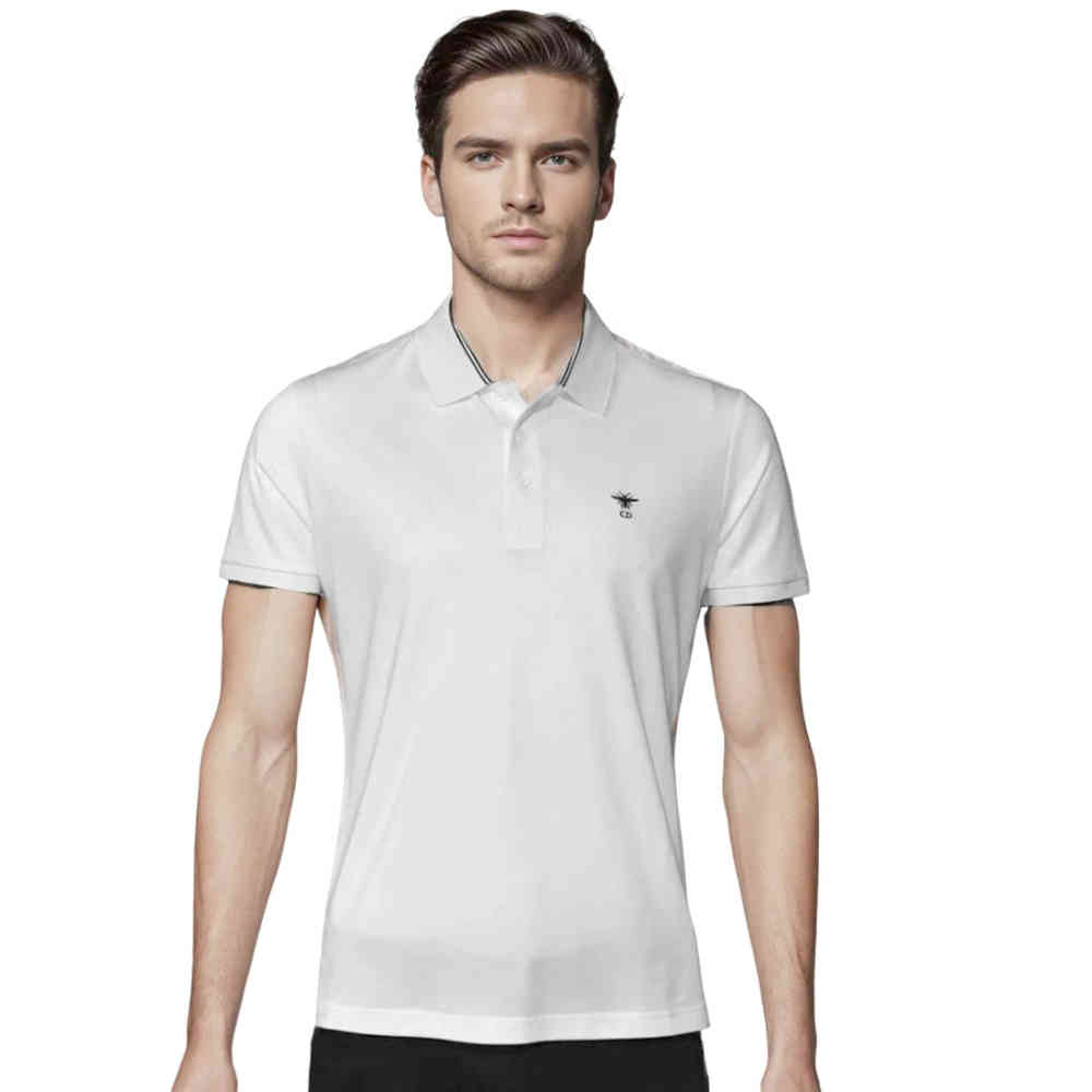 White Christian Dior Bee Embroidered Black Premium Polo T-shirt