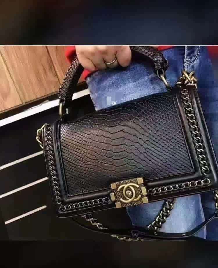Black Chanel Le Boy Python Beige Handbag