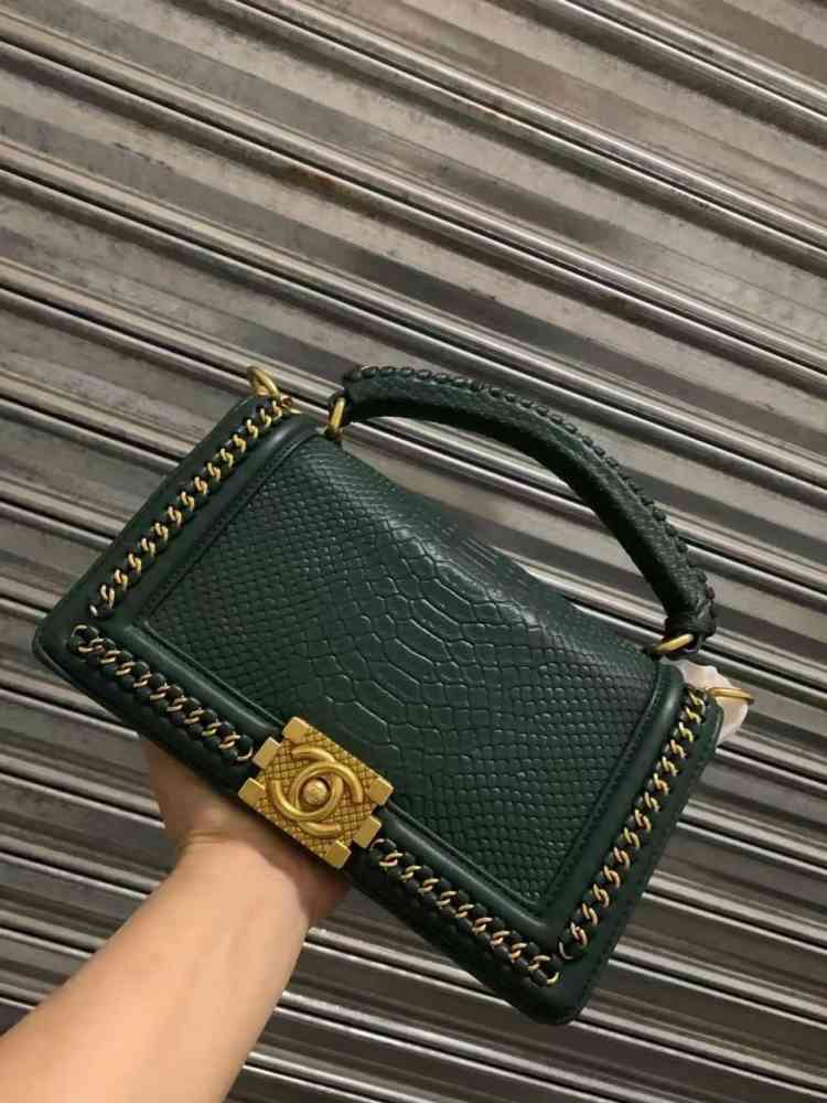 Green Chanel Le Boy Python Beige Handbag