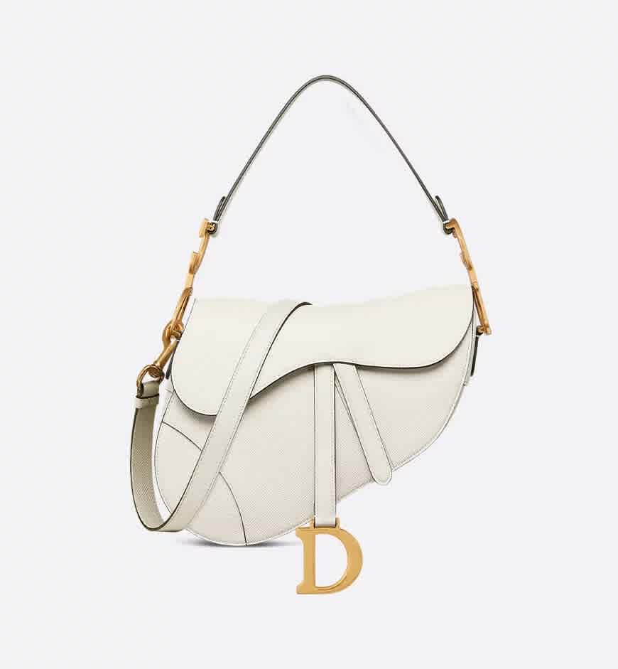 White Dior Saddle Bag with Strap Black Grained Shoulder Bag