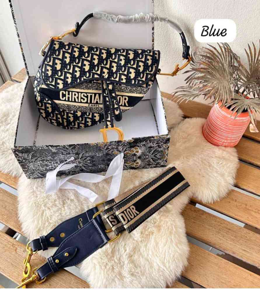 Blue Dior Oblique Embroidery Black Saddle Bag