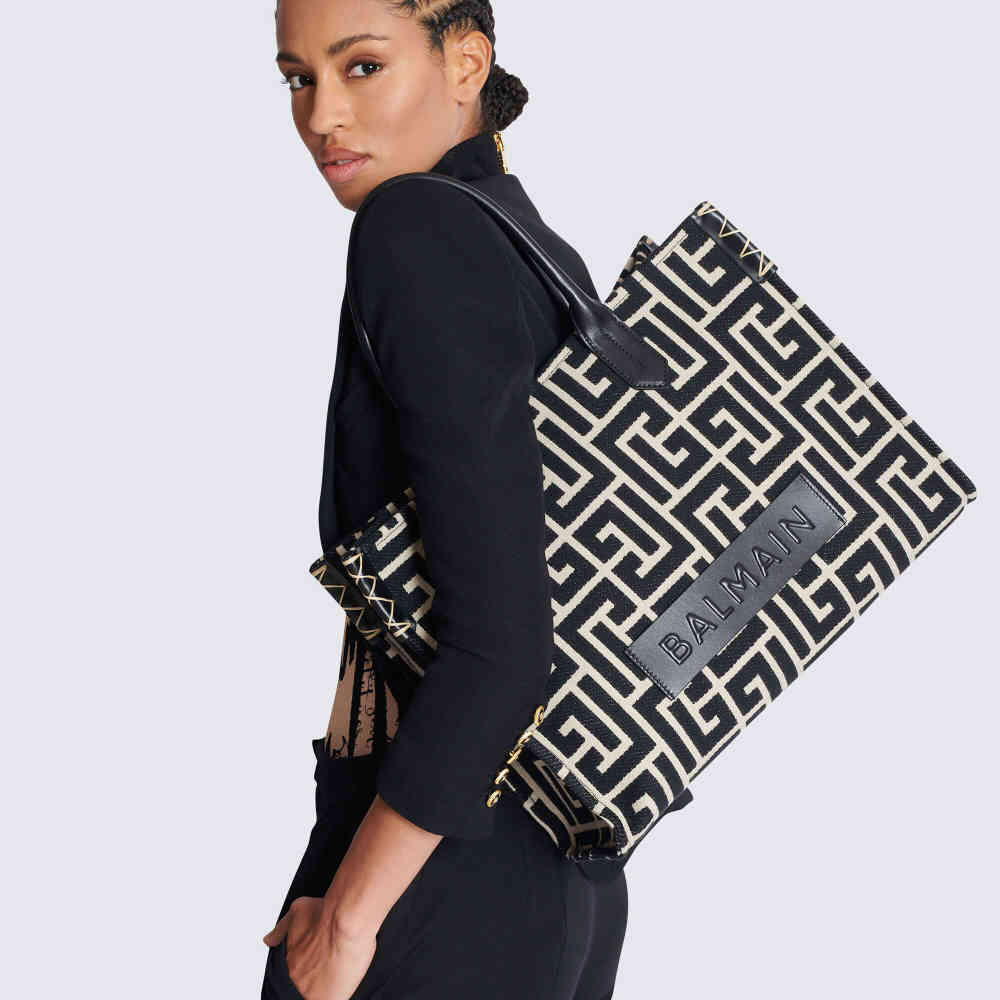 Balmain B-Army 42 monogram jacquard and leather Tote bag-4