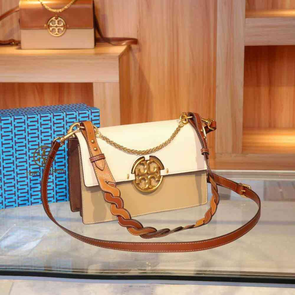 White Tory Burch Miller Color-Block Brown Shoulder Bag
