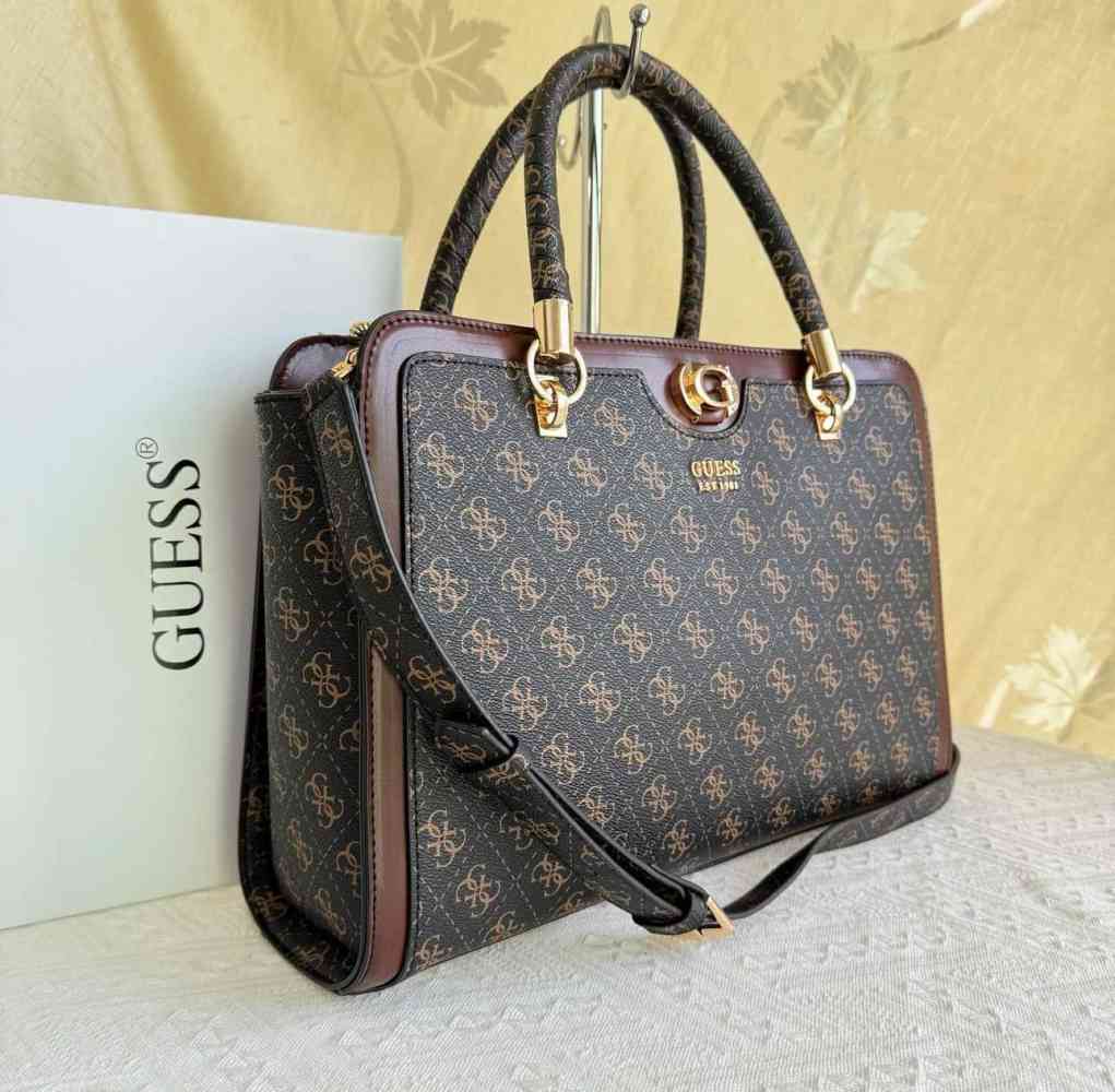 Dark Brown Guess Orlina Logo Society Satchel White Handbag