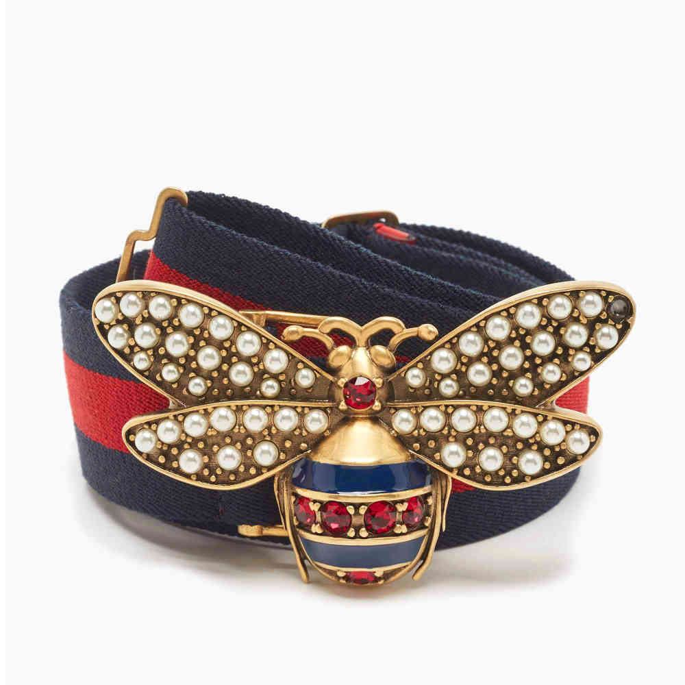 Blue Gucci Black Elastic Band Crystal Embellished Butterfly Buckle Belt