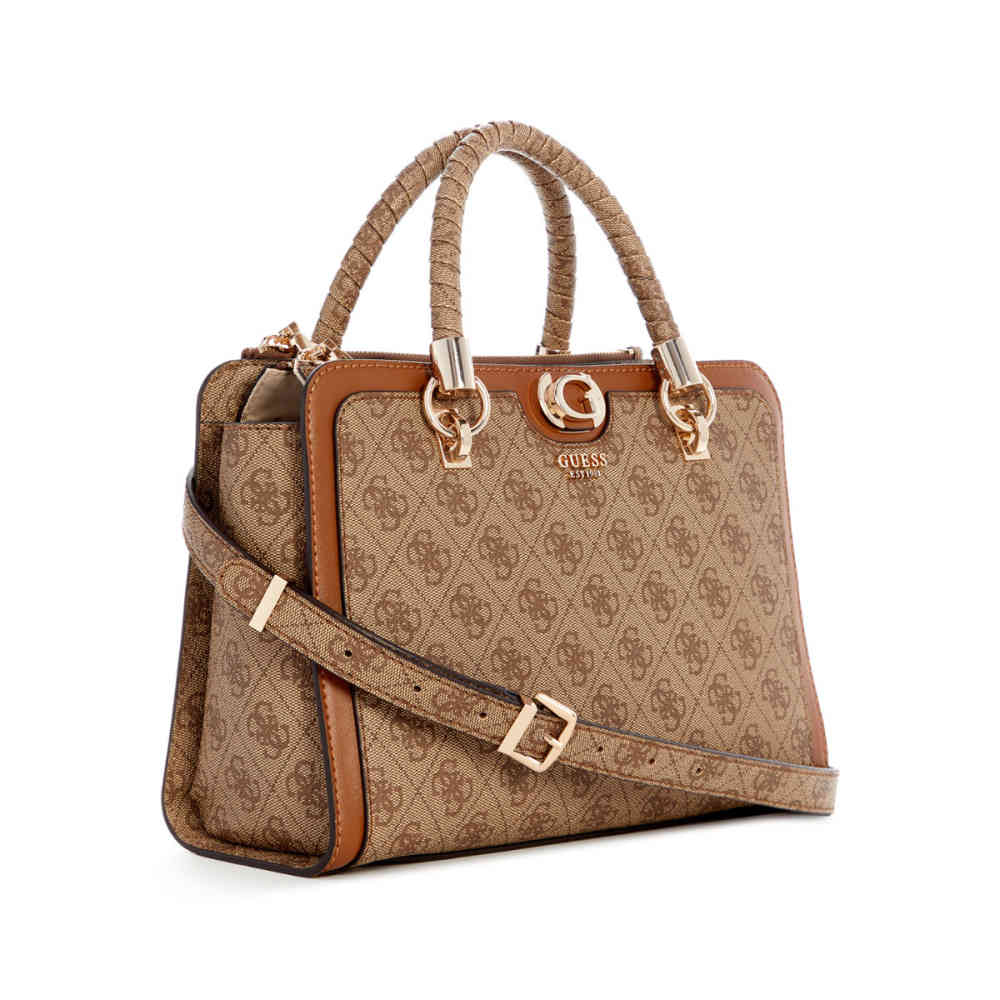 Brown Guess Orlina Logo Society Satchel White Handbag