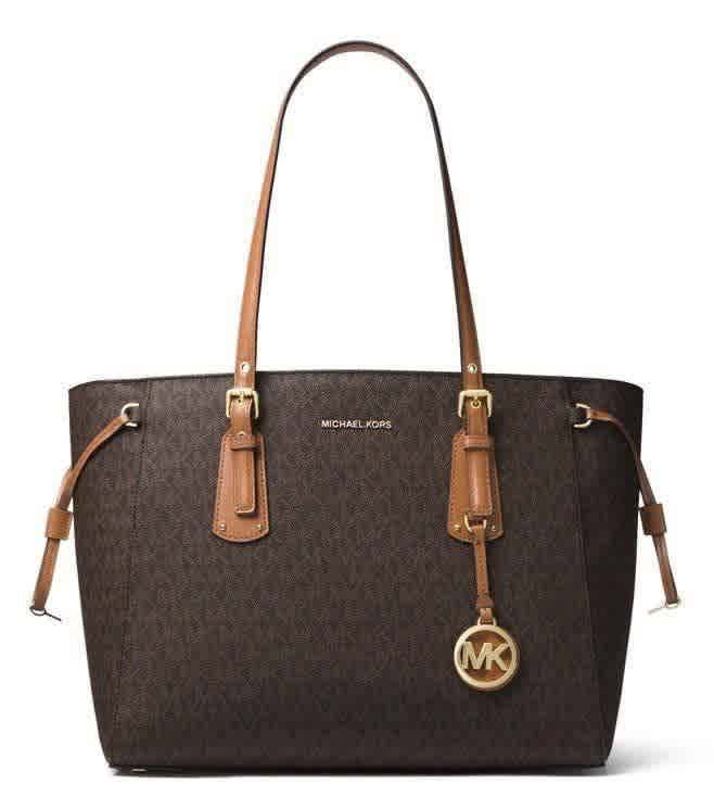 Brown Michael Kors Voyager Medium Logo White Tote Bag
