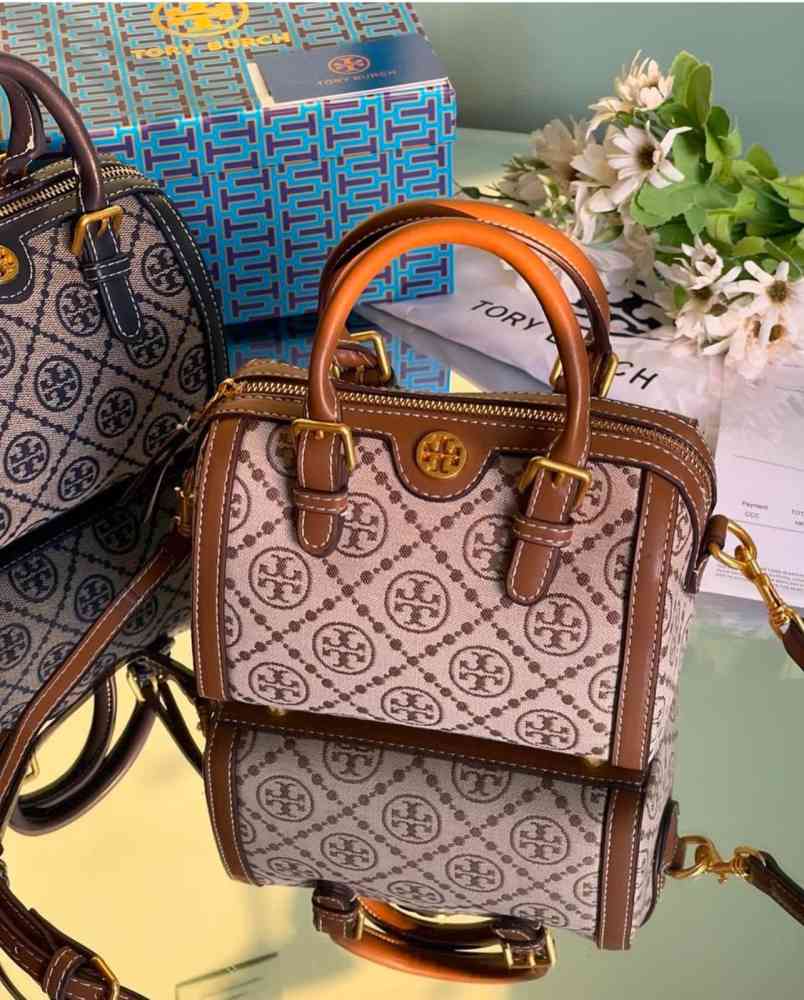 Brown Tory Burch T Monogram Jacquard White Barrel Petite Bag