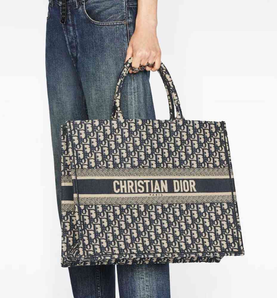 Black Dior Oblique Embroidered Canvas Large Book Blue Tote Bag