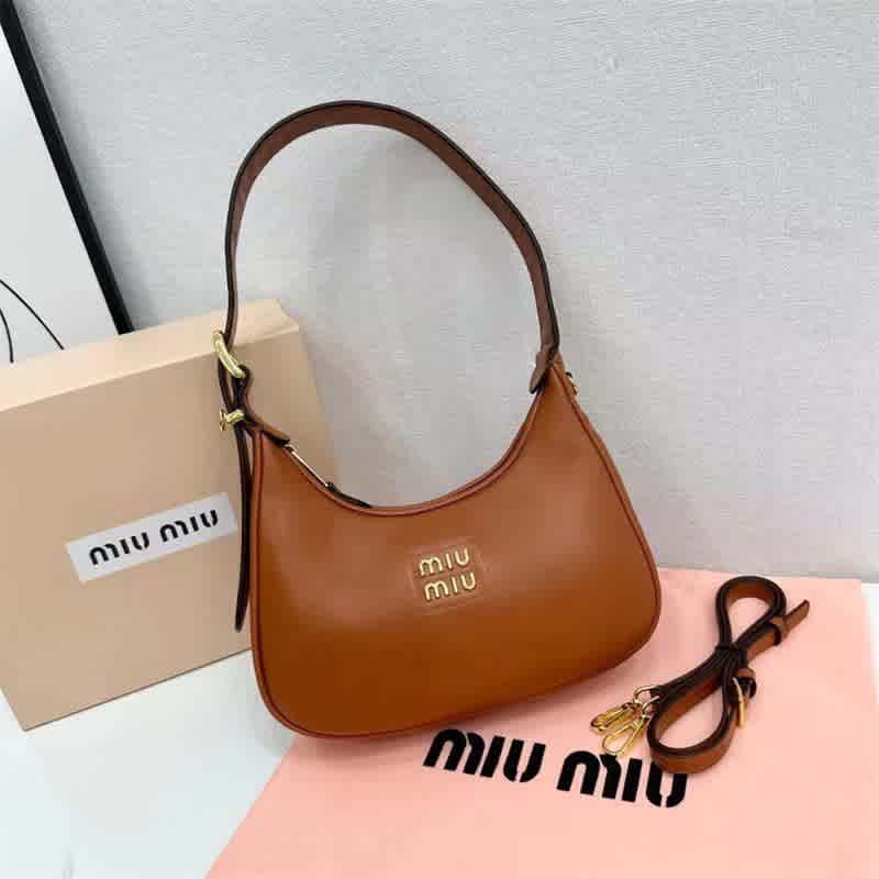 Brown Miu Miu Logo White Hobo Bag
