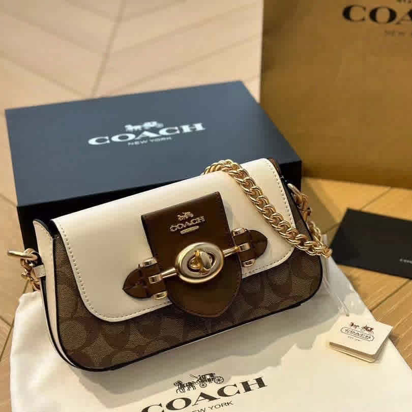 White & Dark Beige Coach Brie Shoulder Bag In Colorblock Black Signature Canvas Bag