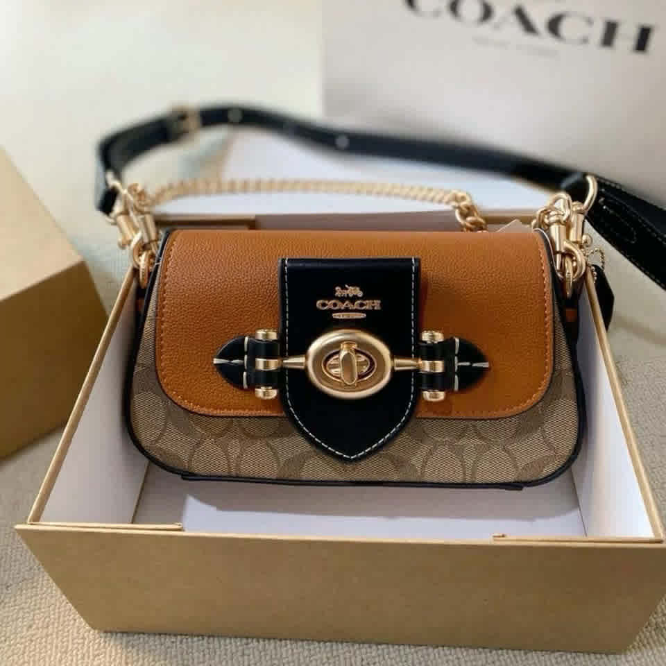 Brown Coach Brie Shoulder Bag In Colorblock Black Signature Canvas Bag