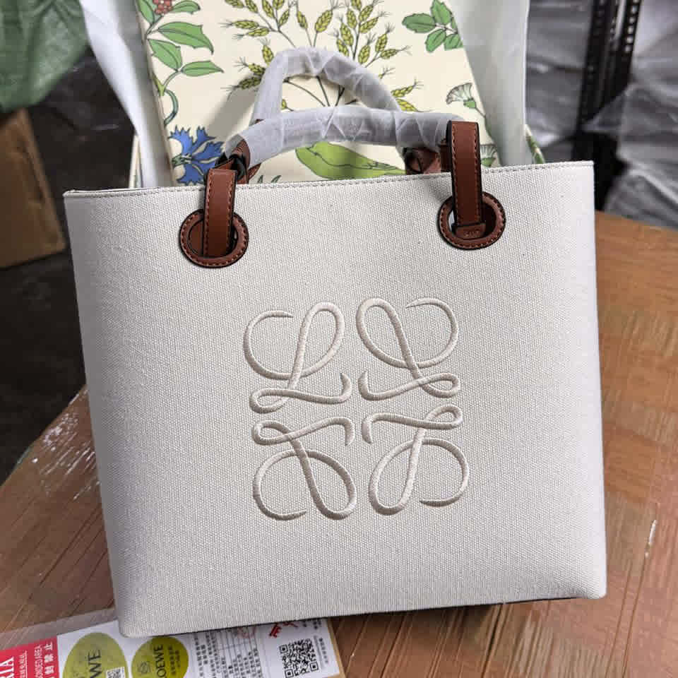 White Loewe Anagram Canvas Medium Black Tote Bag