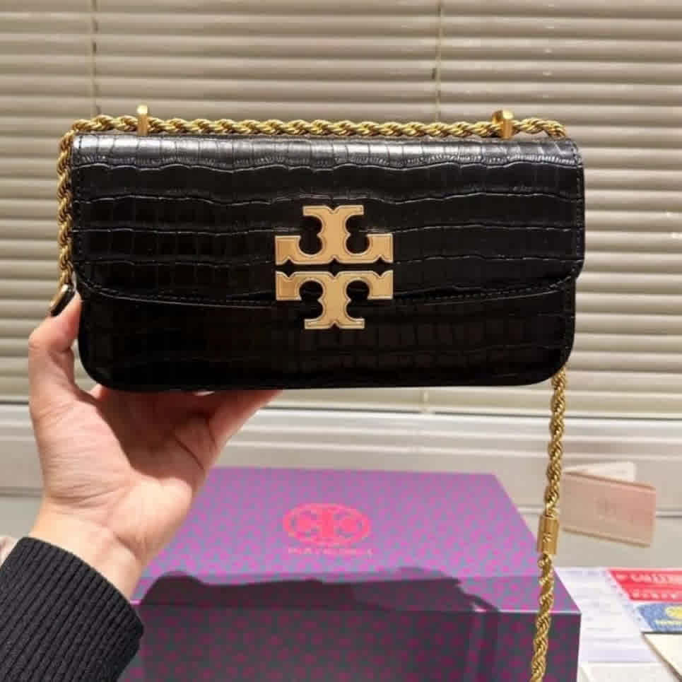 Black Tory Burch Wine Eleanor Medium Croc-Sling Bag
