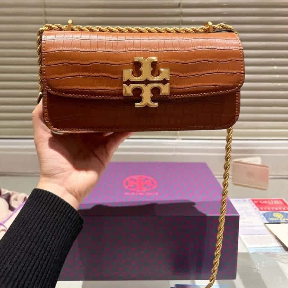 Brown Tory Burch Wine Eleanor Medium Croc-Sling Bag