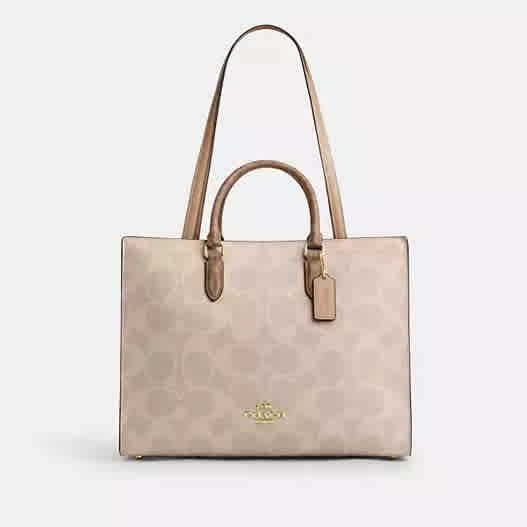 Beige Coach Maggie In Brown Blocked Signature Canvas Tote Bag