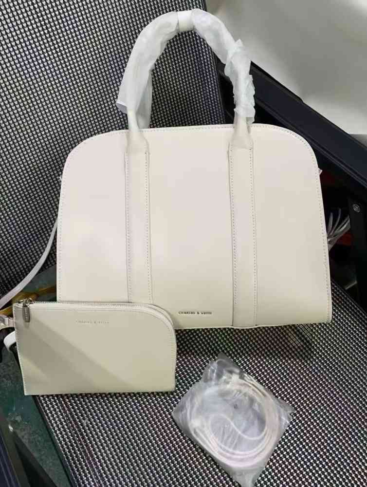 White Charles & Keith Axel Faux Suede Black Bowling Bag