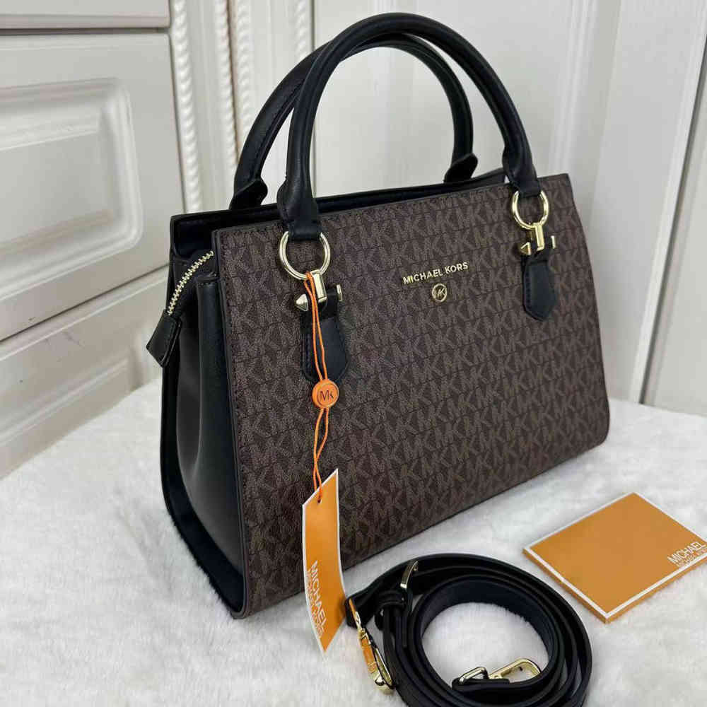Brown & Black Michael Kors Jet Set Medium Logo Pocket White & Brown Tote Bag