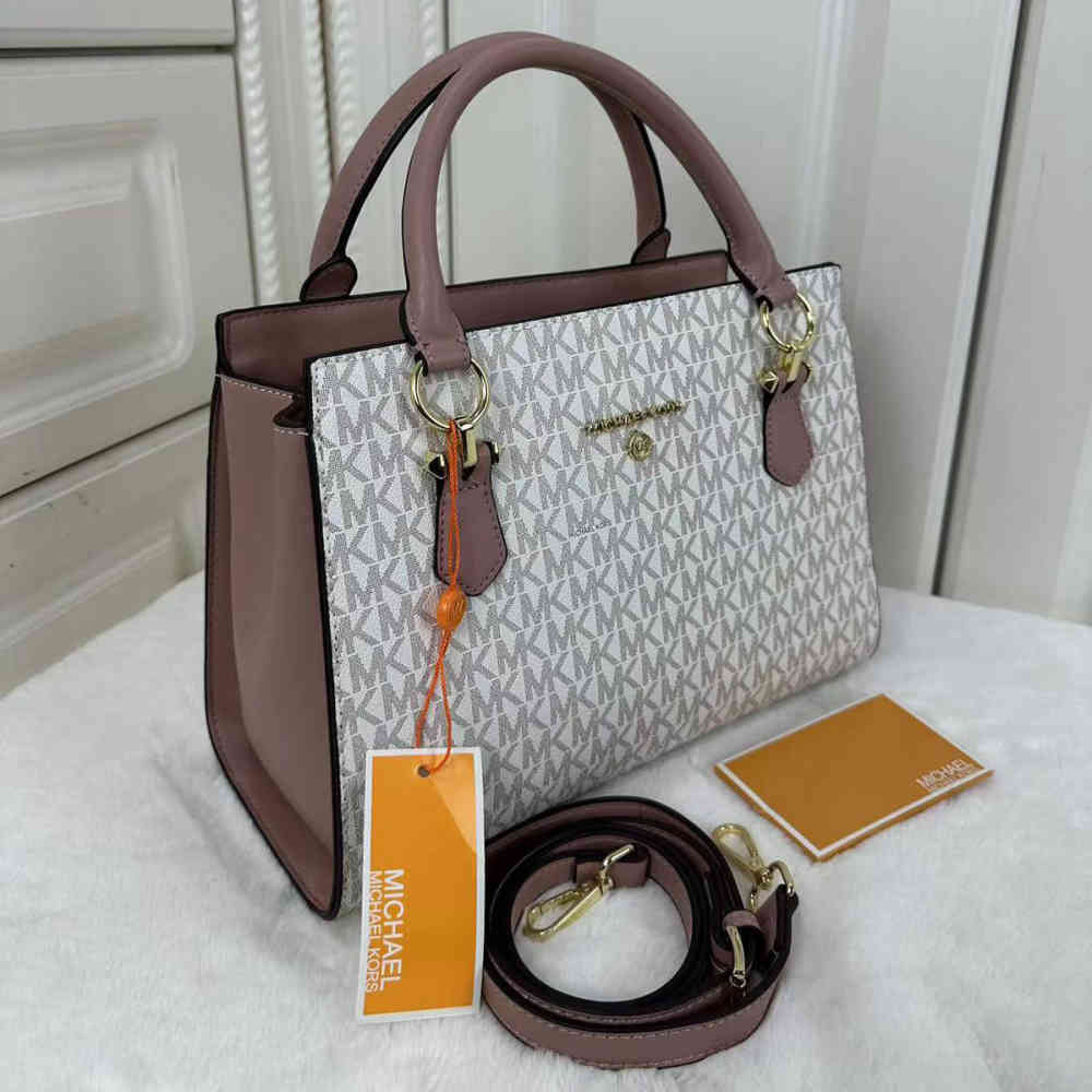 White & Pink Michael Kors Jet Set Medium Logo Pocket White & Brown Tote Bag