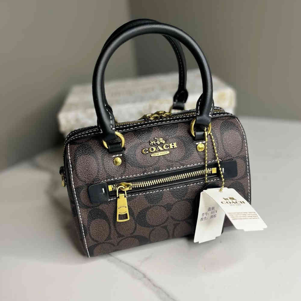 Black Coach Signature Leather Rowan Medium Brown Handbag