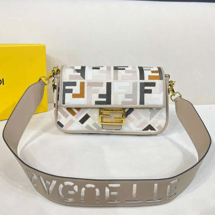 Multicolor Tan Fendi Baguette FF embroidery Multicolor canvas bag