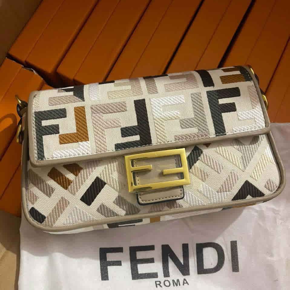 Fendi Baguette FF embroidery Multicolor Tan canvas bag-1