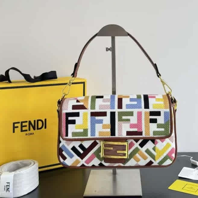 Multicolor Fendi Baguette FF embroidery Multicolor Tan canvas bag