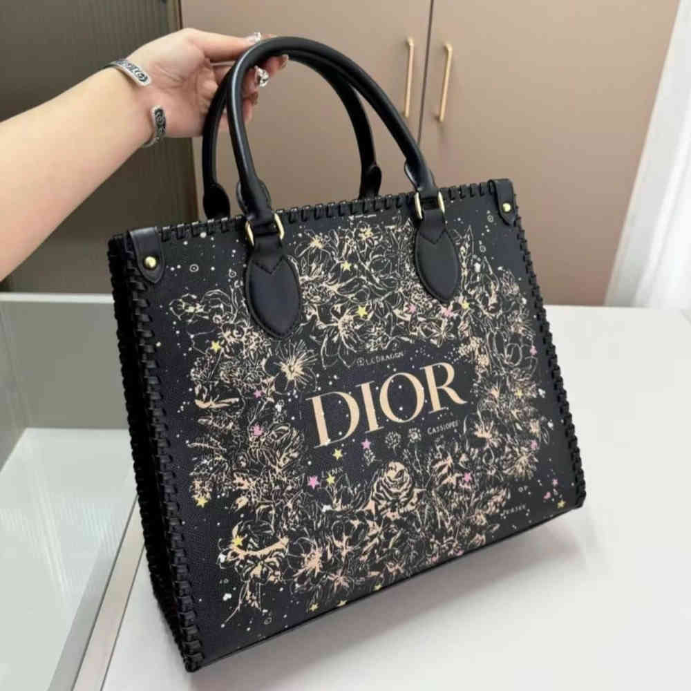 Black Dior Braided Printed Medium Grey Tote Bag