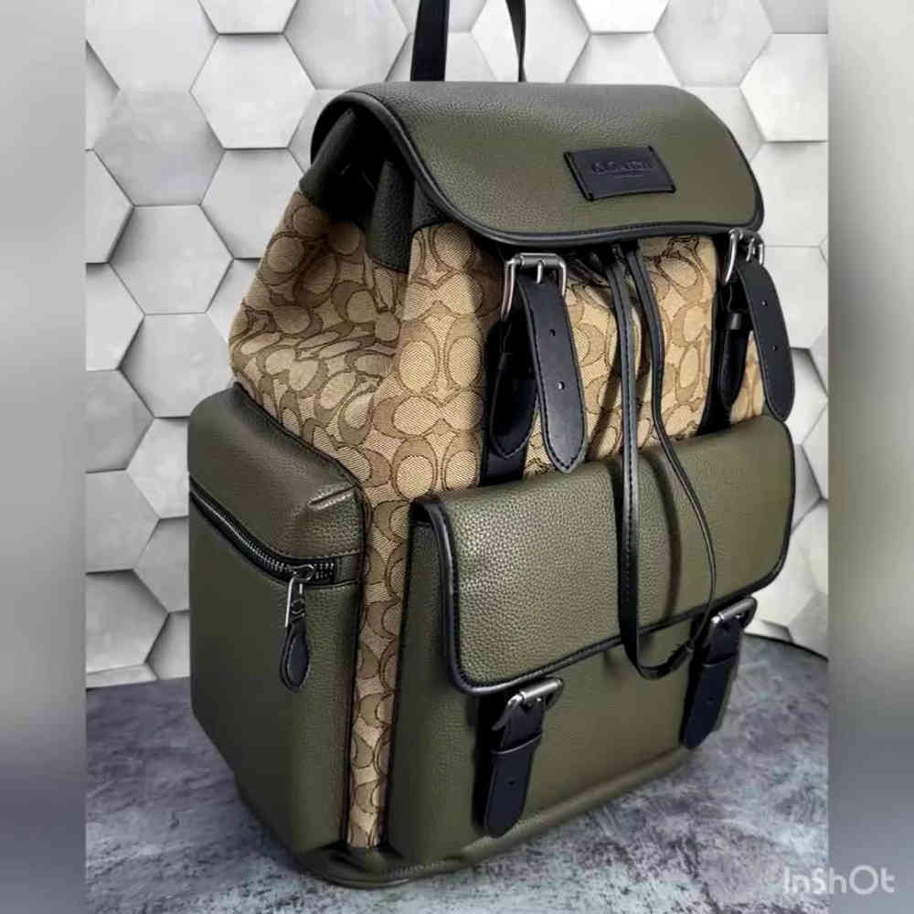 Coach Beige & Green Backpack In Signature Canvas-thumb-1