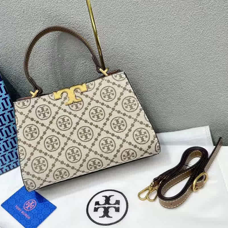 White Tory Burch Small Eleanor Brown Canvas Bag