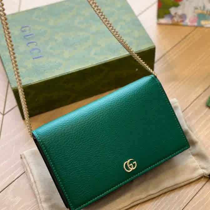 Green Gucci Marmont Chain White Leather Sling Bag