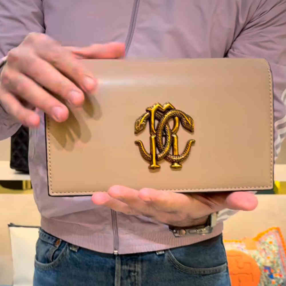 Beige Roberto Cavalli Monogram Mirror Snake Black Sling Bag