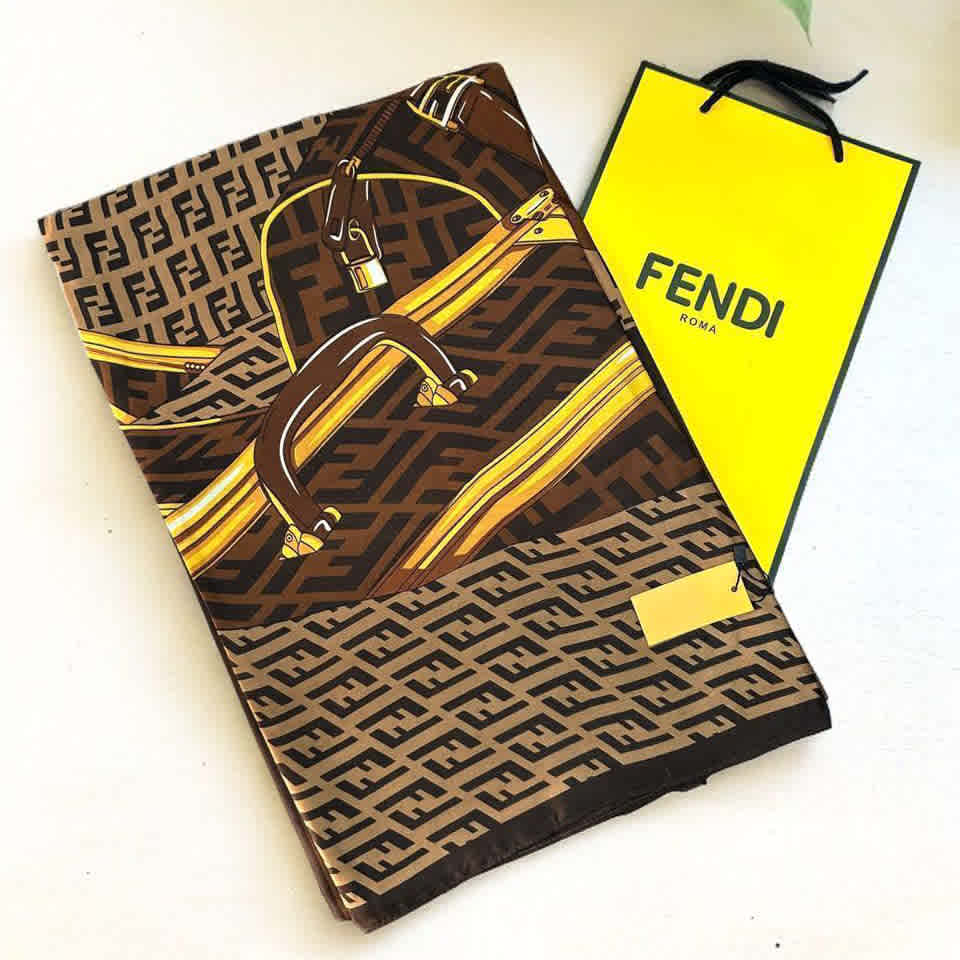 Fendi "FF" Designer Brown Silk Stole-thumb-3