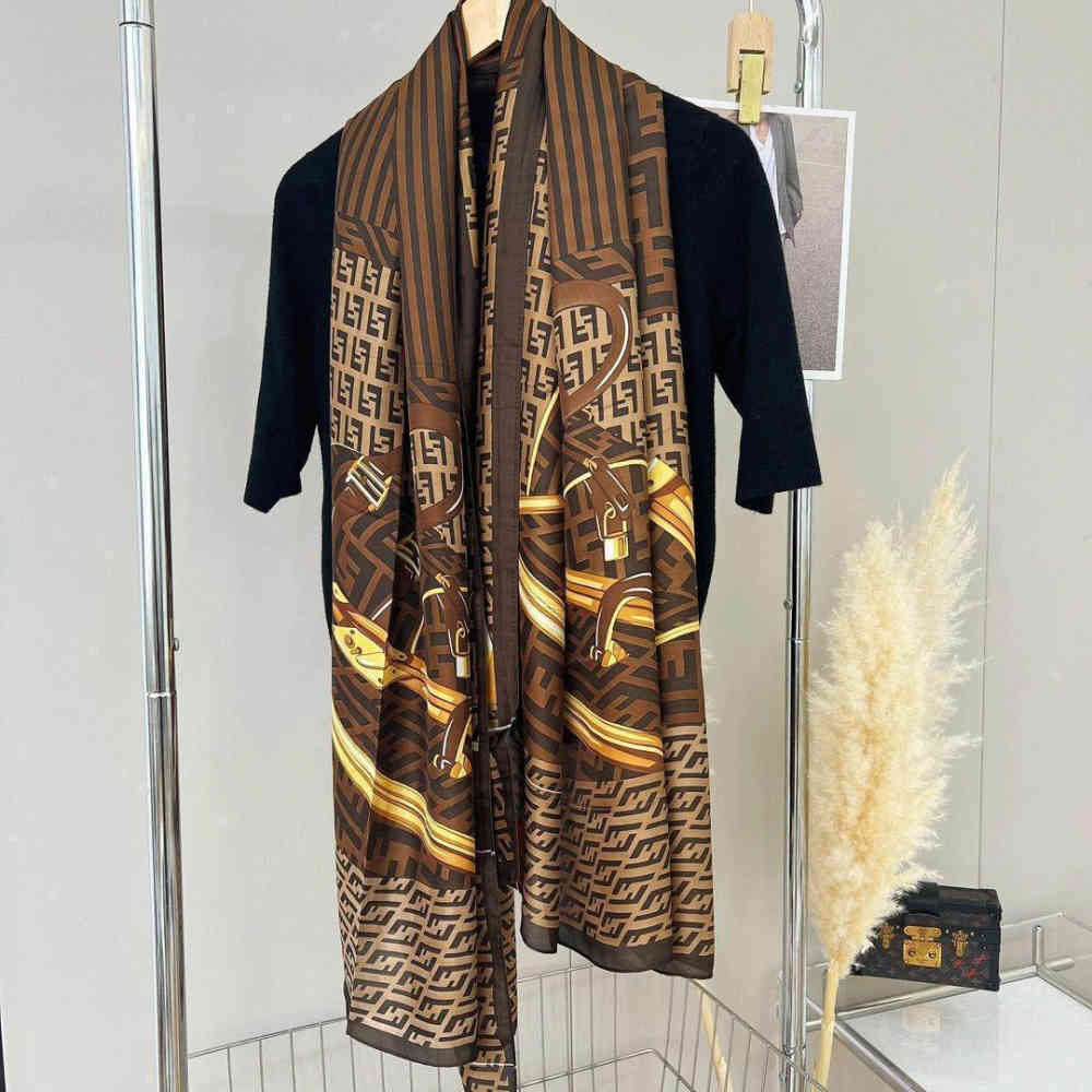 Fendi "FF" Designer Brown Silk Stole-thumb-4