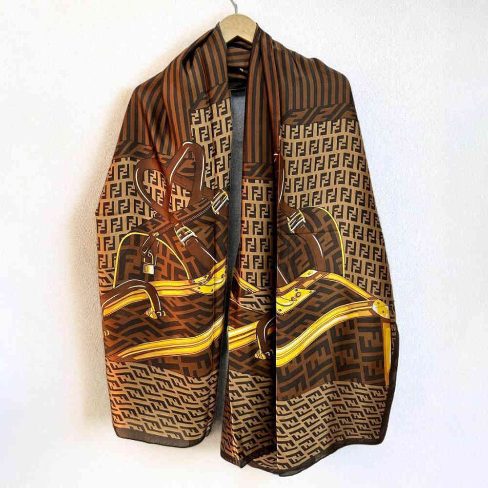 Fendi "FF" Designer Brown Silk Stole-thumb-1