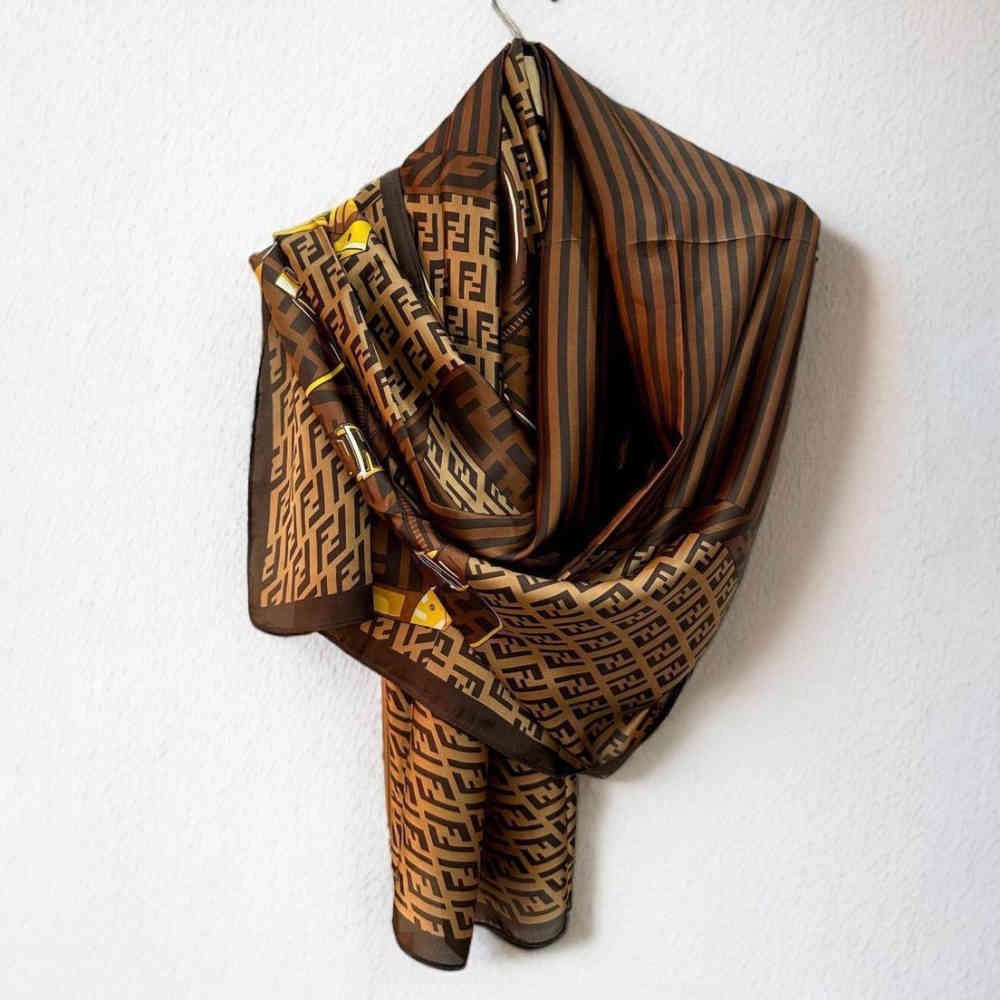 Fendi "FF" Designer Brown Silk Stole-thumb-2