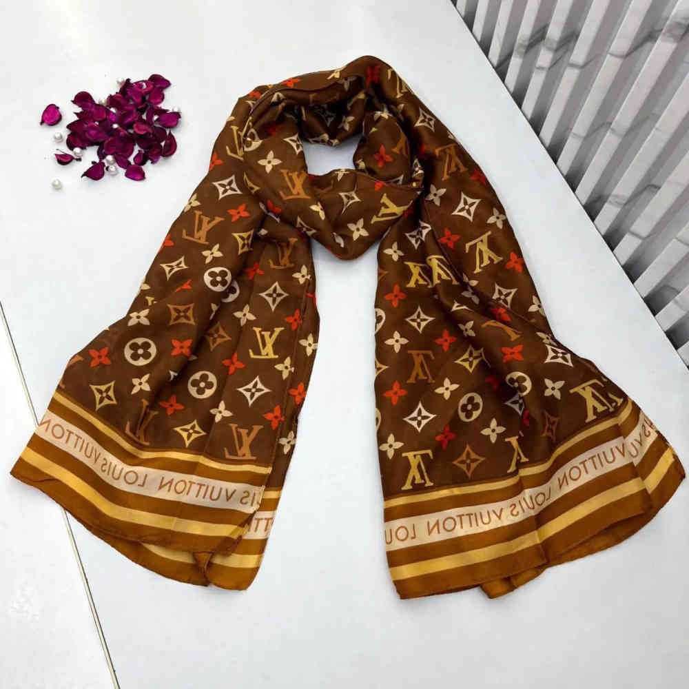 Brown Louis Vuitton Designer Cream Silk Stole