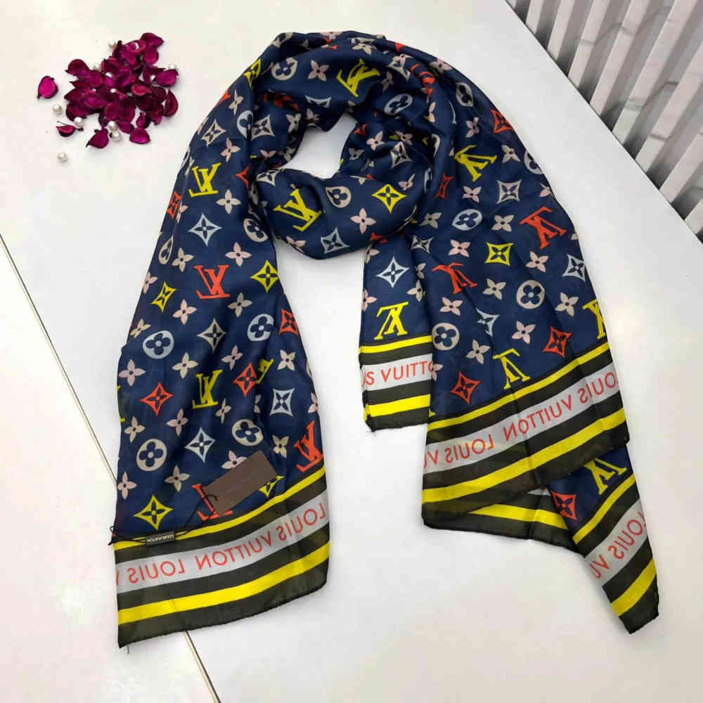 Blue Louis Vuitton Designer Cream Silk Stole