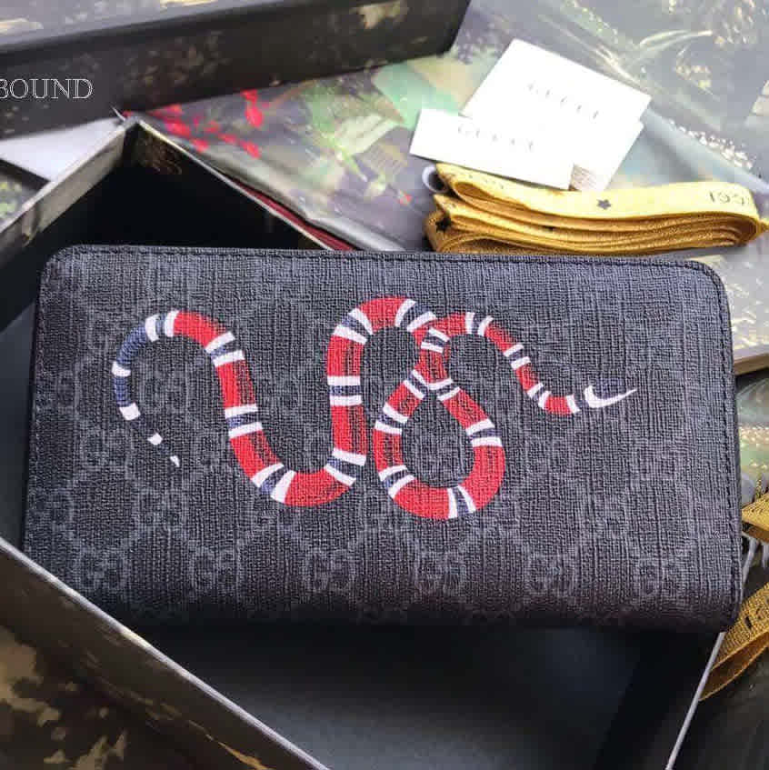 Gucci GG Supreme Monogram Kingsnake Zip Around Wallet Black Grey-thumb-1