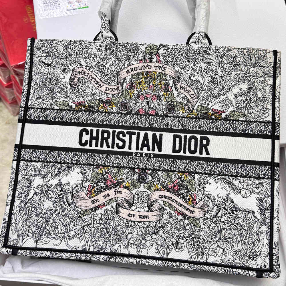 Cream Christian Dior Book Butterfly Print Tote Bag
