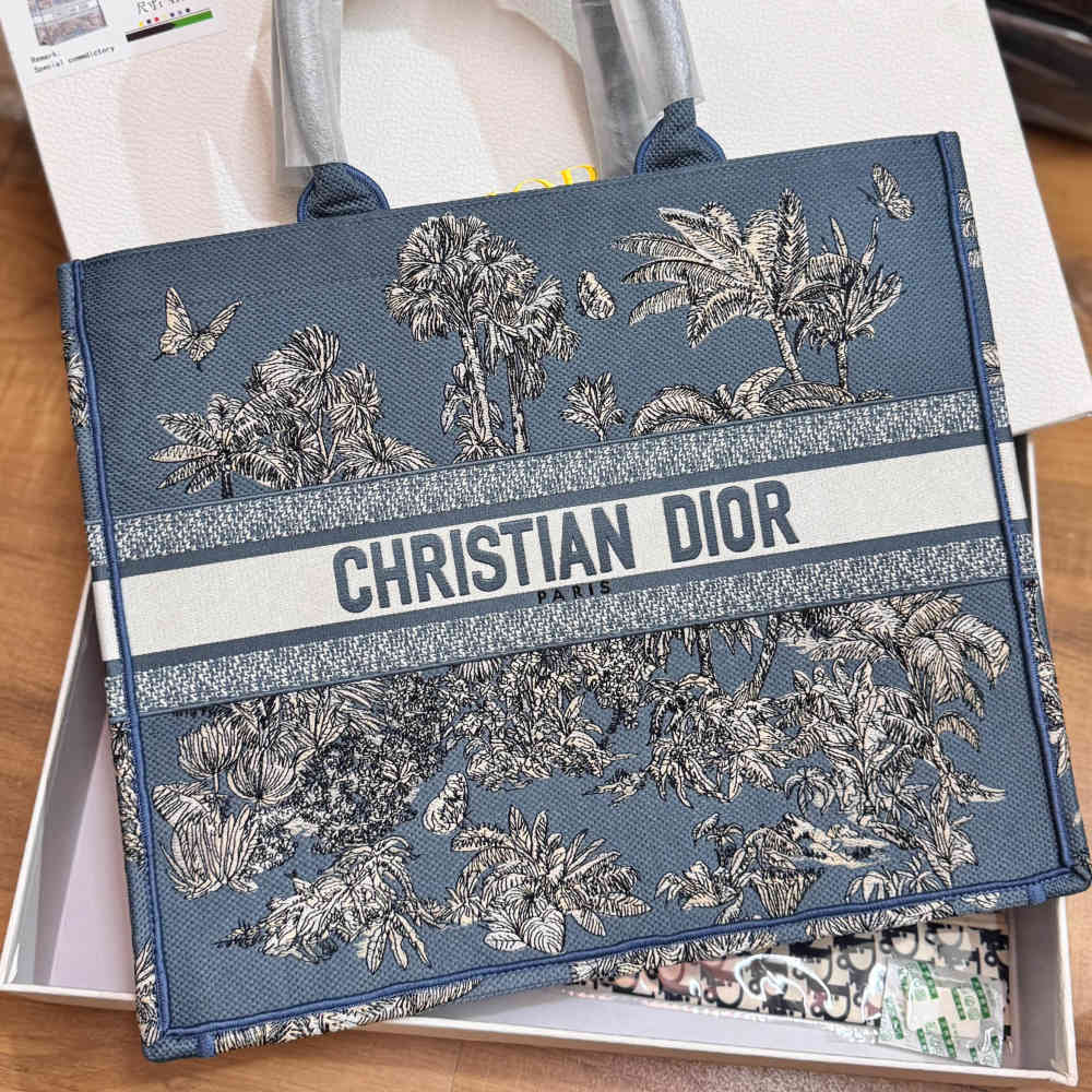 Blue Christian Dior Book Cream Flower Print Tote Bag